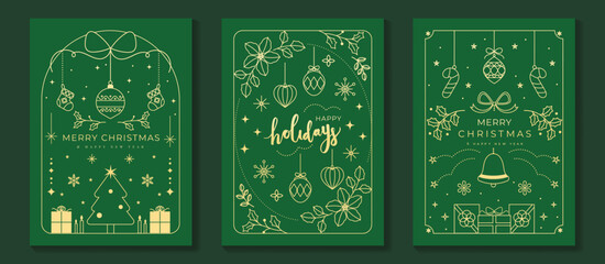 Christmas greeting card vector poster set. Happy new year background template with gold line christmas tree bauble gift candy cane and art deco element. Design for season holidays, cover, poster.