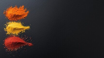 Spices color palette of chili powder, turmeric, and cumin on a black slate, copy space at the bottom, advertising background