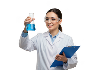 Scientist holding flask with blue liquid and clipboard isolated on transparent background