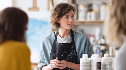 Artist in studio, sharing creative insights. Art lesson, guidance, inspiration, teamwork. Education, workshop, craft, skill, teaching, learning concept.