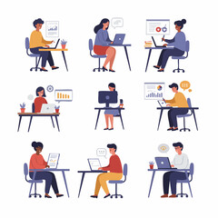Diverse professionals engaged in various office tasks, including data analysis, programming, and business operations, demonstrating a modern, productive work environment.