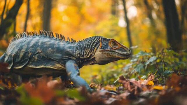Explore the enchanting scene of a dinosaur in a fall landscape. Perfect for educational content or nature-themed projects. A blend of art and imagination. Generative AI