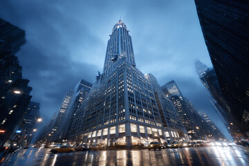 Obraz premium Dramatic urban landscape at night, featuring towering skyscrapers and city lights reflecting off a wet street. Captures the energy and ambition of city life.