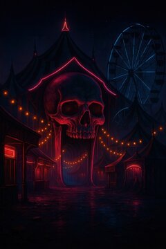Dark carnival entrance shaped like a giant skull with string lights illuminating surrounding striped tents and a ferris wheel in the moody nighttime setting