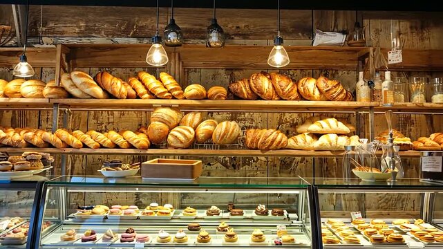 A cozy bakery display showcasing a variety of fresh breads and pastries in a rustic setting