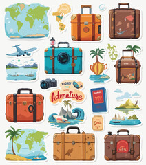 A collection of flat-style travel stickers