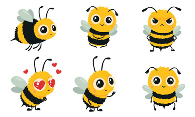 A set of vector illustrations in a childlike style. Cute cartoon-style bees with big eyes on a white background. In love, angry, and with flowers. Vector illustration