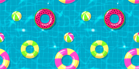 Illustration of sparkling water in the pool.Bright seamless vector pattern. Top view. Accessories for swimming and recreation: rings, beach balls. Pleasant saturated colors.