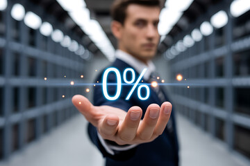 Businessman presents zero percent interest rate in data center