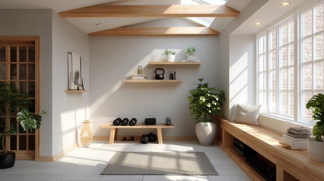 Clean minimal fitness room with plants and wood bench - Powered by Adobe