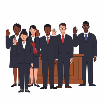 Diverse group of professionals taking an oath or testifying in a legal or official setting, demonstrating commitment and integrity.