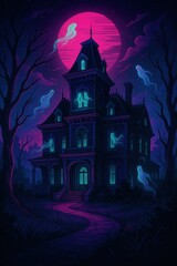 Fototapeta premium Ghosts float around a large Victorian haunted house glowing with eerie blue light as a full moon illuminates the spooky landscape with leafless trees and dark skies