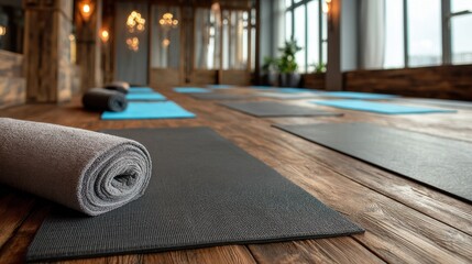 Empty stretching area with mats on wood floor