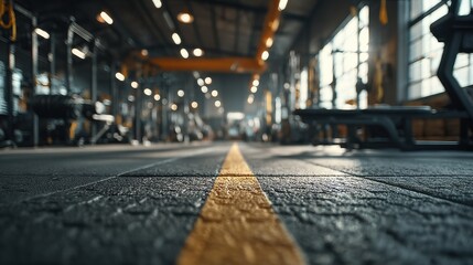 Gym floor from low angle, focus on clean equipment lines 