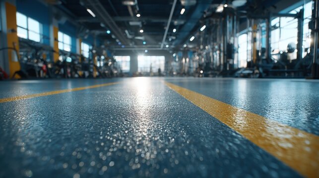 Gym floor from low angle, focus on clean equipment lines 