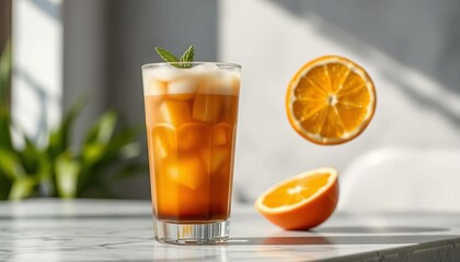 Refreshing iced espresso orange drink, summer beverage,   stylish,   photography
