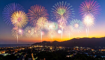 Vibrant fireworks display over coastal city at dusk