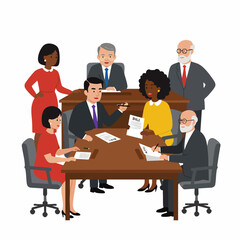 Diverse professionals hold a serious meeting, reviewing documents and discussing important bills around a conference table.