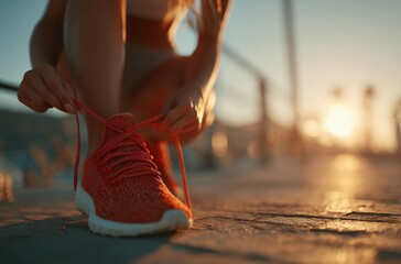 Close up of a sportswoman tying red running shoes, getting ready for a run at an outdoor gym in the morning light