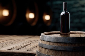 Wine bottle on barrel aged wood table soft light with barrels and dark background