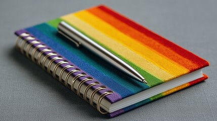 Fototapeta premium LGBTQ and diversity concept, Colorful notebook with a silver pen on a textured surface.