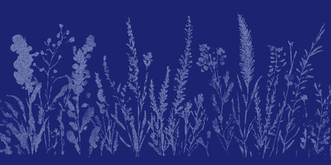 Blue background with a bunch of white flowers. Simple stipple drawing with vintage paper grain, dotted halftone overlay, photocopy inspired contrast.