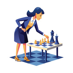 Confident woman boss strategically placing chess pieces on board, symbolizing leadership, decision-making, business strategy, empowerment, corporate success, and professional growth illustration.