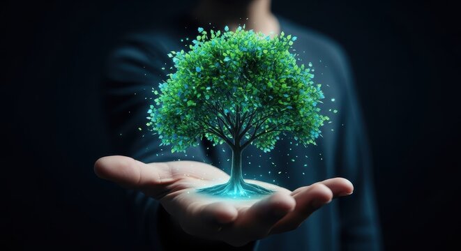 A digital tree of life evolving from a human palm, a symbol of green innovation.