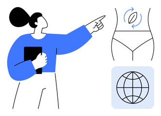 Woman with tied hair holds tablet, gestures at body outline with recycling arrows near globe illustration. Ideal for health awareness, fitness, eco-conscious living, education, global wellness