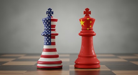 Fototapeta premium USA versus China geopolitical chess kings on chessboard representing conflict