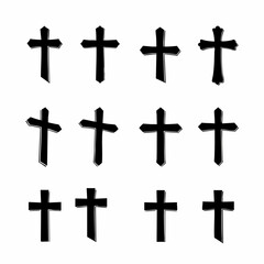 A collection of diverse black Christian cross symbols, offering various stylized designs and shapes on a white background, perfect for religious and spiritual themes.