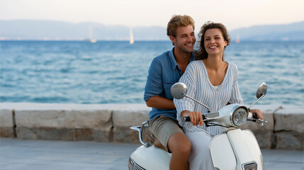A happy couple enjoying a scooter ride by the Mediterranean sea