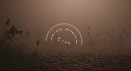 A glowing futuristic navigation HUD hovers over a misty, atmospheric field at ground level.