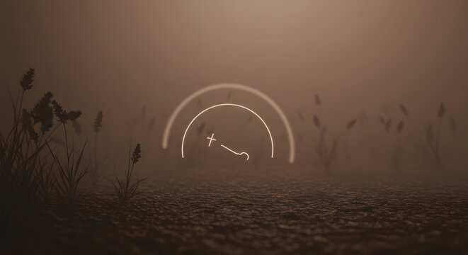 A glowing futuristic navigation HUD hovers over a misty, atmospheric field at ground level.