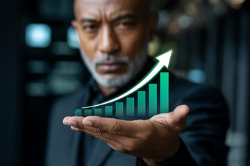 Man holds up a growing financial bar chart with upward arrow
