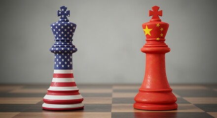 Fototapeta premium USA versus China political tension shown by chess kings