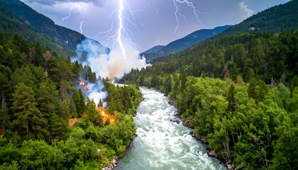 Wildfire ignited by lightning strike in a mountainous river valley