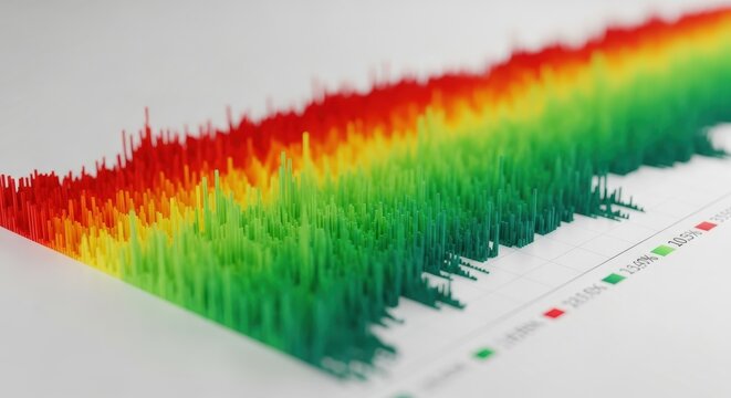 A 3D data visualization graph with a red to green heatmap spectrum representing statistical analysis.