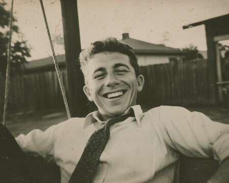 vintage film photo of cool young guy wearing shirt and tie reclining in yard, 50s or 60s style black and white