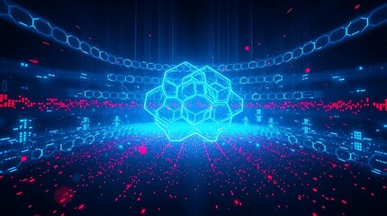 Abstract Digital Interface with Hexagonal Icons and Futuristic Data Stream in Neon Colors, cyber security wall