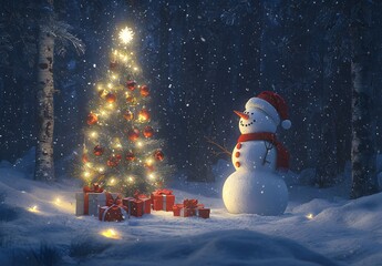 Obraz premium Photo of a snowman and a Christmas tree on a snowy night with glowing fairy lights