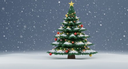 A festive Christmas tree adorned with ornaments and lights stands in the snow as snowflakes fall gently around it.