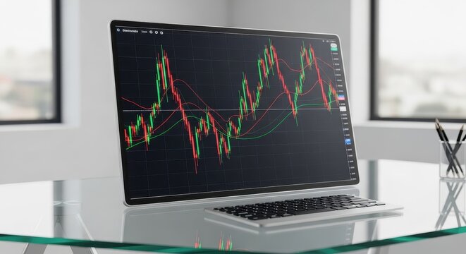 Financial data chart on a screen displaying a volatile stock market on a modern desk. - Powered by Adobe
