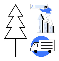 Minimal tree outline symbolizes eco-awareness, man climbing bar chart reflects growth, truck emphasizes logistics. Ideal for environment, sustainability, business growth, logistics, eco-delivery