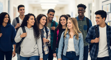 Diverse Group of Happy Students Walking and Conversing in a School Hallway, Representing Education, Friendship, and Youthful Energy in a University Setting