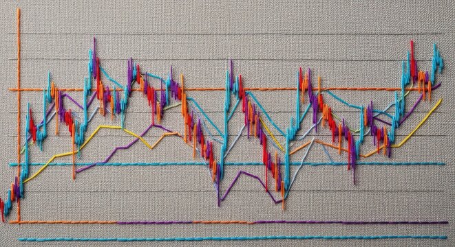 A vibrant stock market chart crafted from colorful threads on a textured fabric background
