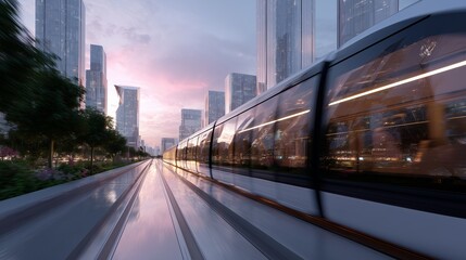 Fototapeta premium Modern urban train travels along futuristic cityscape at twilight