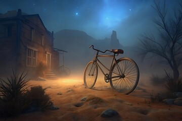 Obraz premium Vintage bicycle bathed in ethereal moonlight on a dusty path beside an old building