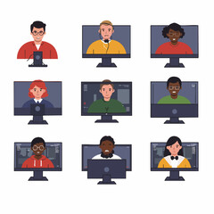 Diverse individuals participate in an online video conference, connecting virtually for remote work, e-learning, and global collaboration, depicted in a grid of computer monitors.