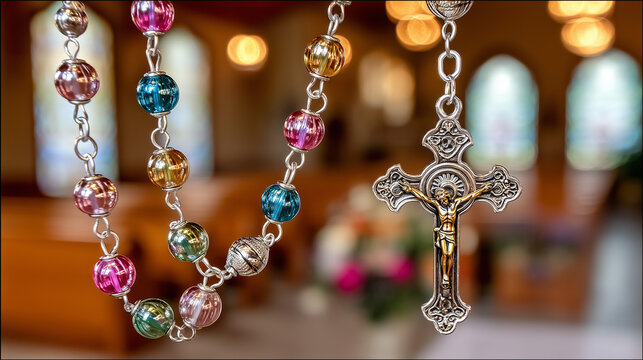 Catholic Rosary Month, close-up of rosary beads hanging on crucifix inside small chapel - Powered by Adobe